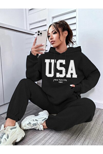 MODARİCH Usa Kapüşonlu Kombin Alt Üst Eşofman Takımı - Siyah Baskılı Oversize...