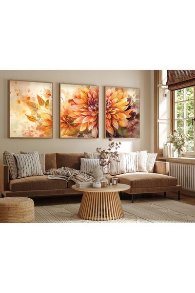 huhuli Pictură în ulei cu rame din lemn, set de 3 flori