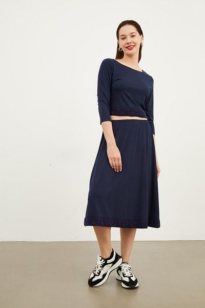 Hanna's by Hanna Darsa Women's Navy Blue Crop Top Long Sleeve Midi Length Skirt Knitted Fabric Skirt Ends Sleeve Mouths Lace Suit