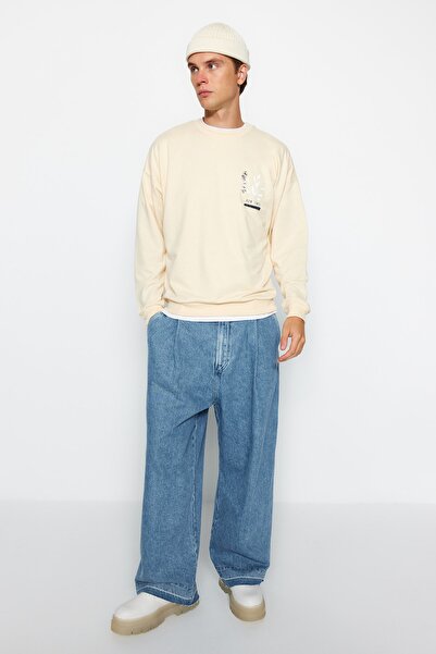 Trendyol Collection Μπεζ μπλούζα με λαιμόκοψη βαμβακερή υπερμεγέθη - TMNAW22SW0642