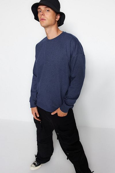 Trendyol Collection Indigo oversize/široký střih květinový zadní potištěný fleece uvnitř/teplá mikina Tmnaw23Sw00493