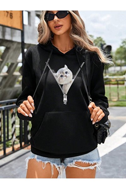 mercoledi Fermuar Sevimli Kedi Baskılı Ünisex Siyah Kapüşonlu Oversize Sweatshirt