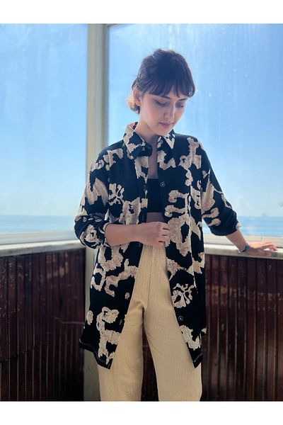 soBasic Guler cămașă cu model Pantaloni Set cămașă dublă Kimona - Negru