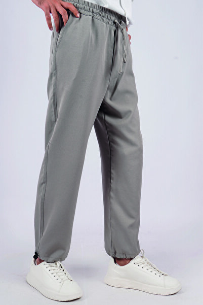 LoFiBuy Erkek Gri Paçası ve Beli Lastikli Fit Jogger Keten Pantolon