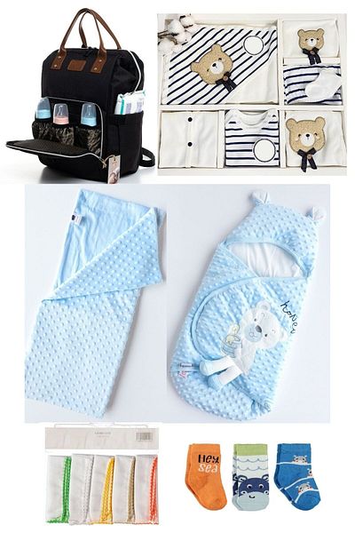 Necix's 6-Piece CUTE MONTHS BIRTH SET (10-Piece HOSPITAL EXIT, BABY BAG, SWADDLE, BLANKET, WIPES AND SOCKS SET)