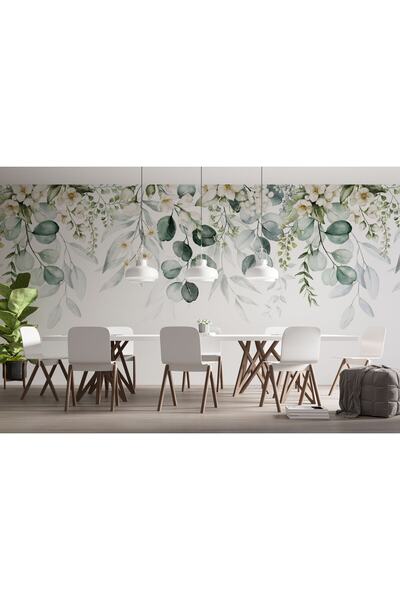 LOTUS AURA Beyaz Çiçekli Salon Duvar Kağıdı, Yapraklı Oturma Odası Duvar Resmi