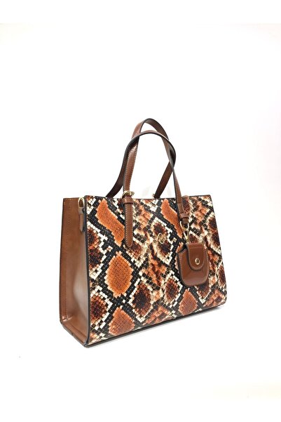 womenacs Tan Color Anaconda Patterned New Season Women's Bag with Plenty of Compartments, Can Be Used in Hands and with Shoulder Strap