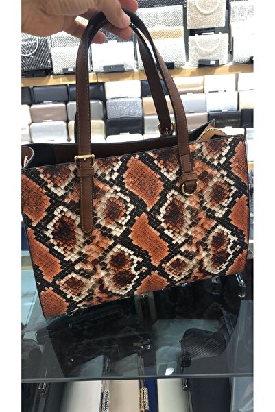 womenacs Tan Color Anaconda Patterned New Season Women's Bag with Plenty of Compartments, Can Be Used in Hands and with Shoulder Strap