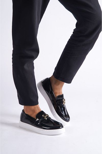 Moda Değirmeni Μαύρο λουστρίνι Λευκή σόλα Ανδρικά παπούτσια με πόρπη casual BG1137-110-0001