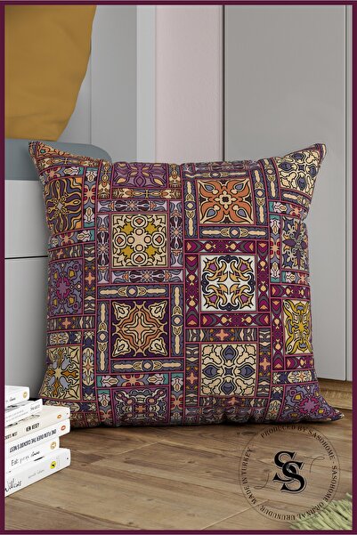 Saso Patchwork Mandala Desenli Dijital Baskılı Kırlent Kılıfı