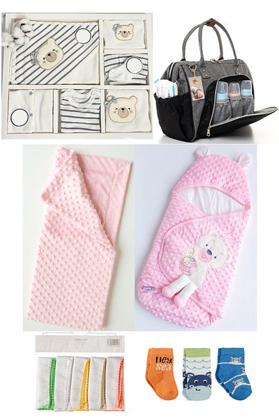 Necix's 6-Piece CUTE MONTHS BIRTH SET (10-Piece HOSPITAL EXIT, BABY BAG, SWADDLE, BLANKET, WIPES AND SOCKS SET)