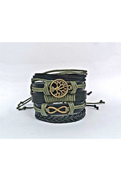 BSN Takı Tree of Life Infinity Figured Green String Black Leather 5 Pieces Genuine Leather Bracelet