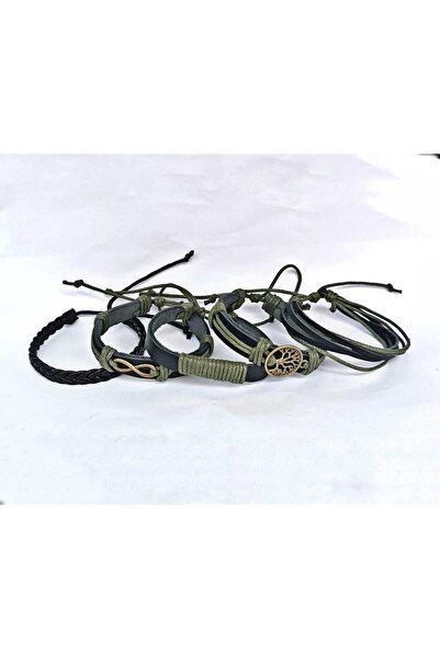 BSN Takı Tree of Life Infinity Figured Green String Black Leather 5 Pieces Genuine Leather Bracelet