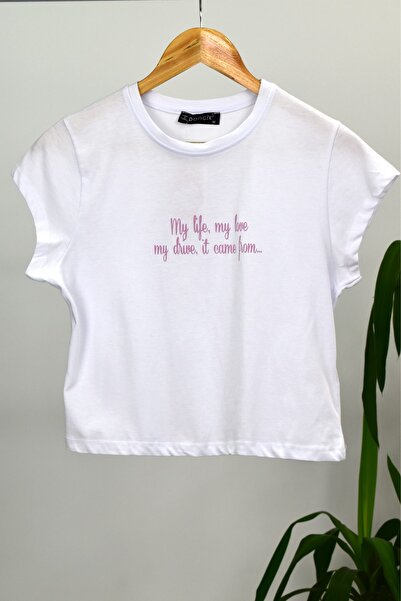 PONÇİK Tricou Crop damă My Life My Love 23098 Alb