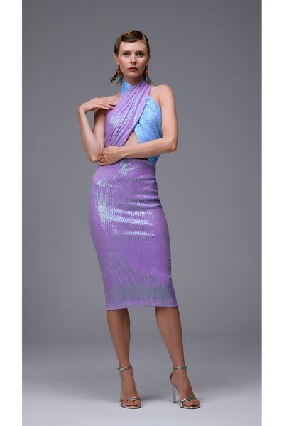 Gira official Rochie midi cu paiete albastru liliac cu detaliu în cruce