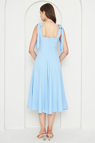 lovebox Атласна тканина з наповненими грудьми, з бретельками, дизайном у вигляді шлейфу, середньої довжини, синя вечірня сукня 166