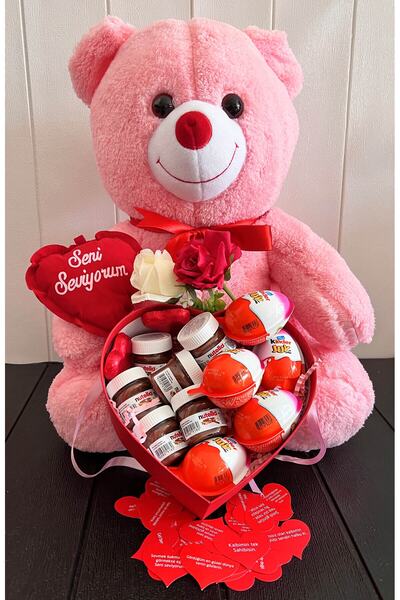 lenostra Sevgiliye Lüx Hediye 55cm Pembe Ayıcık ve Kalp Kutuda En Sevilen Lez...