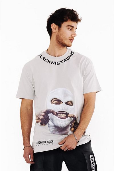 THIMOON Men's Gray Printed Crew Neck Oversize T-shirt