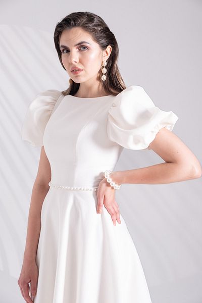 isolamia Flared Midi Length White Dress with Balloon Sleeves