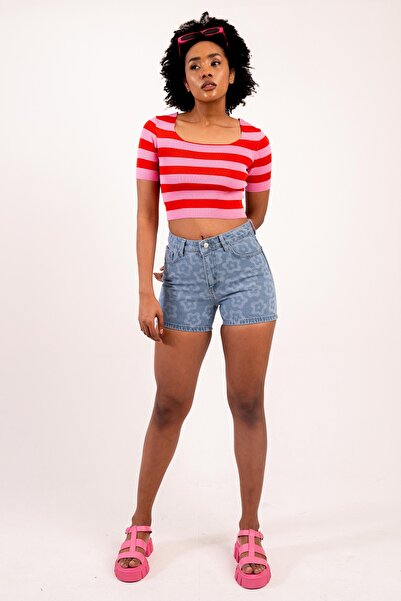 inos Mavi Çiçek Desenli Denim Kadın Şort