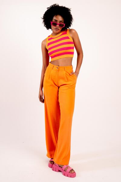 inos Turuncu Fuşya Çizgili Kadın Triko Crop
