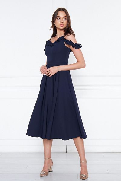 NO48 Navy Blue Hanging Neck Ruffle Detail Off-Shoulder Woven Draped Fabric Midi Length Graduation and Evening Dress