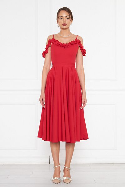 NO48 Red Hanging Neck Ruffle Detail Off-Shoulder Woven Draped Fabric Midi Length Graduation And Evening Dress