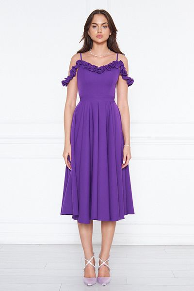 NO48 Purple Hanging Neck Ruffle Detail Off-Shoulder Woven Draped Fabric Midi Length Graduation And Evening Dress