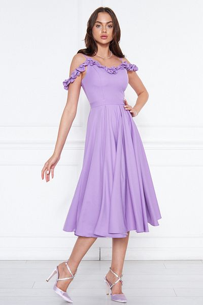 NO48 Lilac Hanging Neck Ruffle Detail Off-Shoulder Woven Draped Fabric Midi Length Graduation and Evening Dress