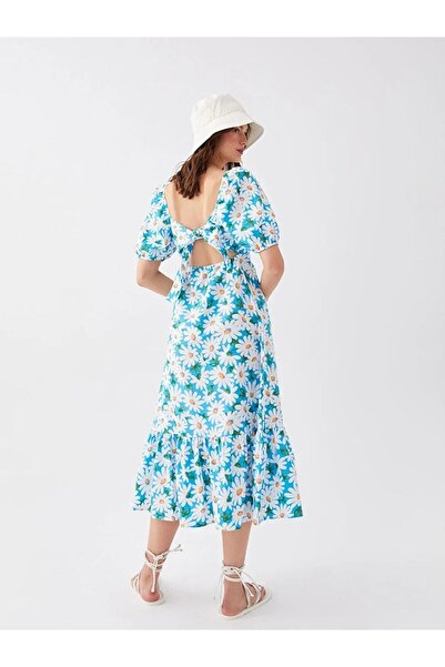 LC Waikiki Dámské popelínové šaty s čtvercovým límcem Xsıde s květinovým balónovým rukávem