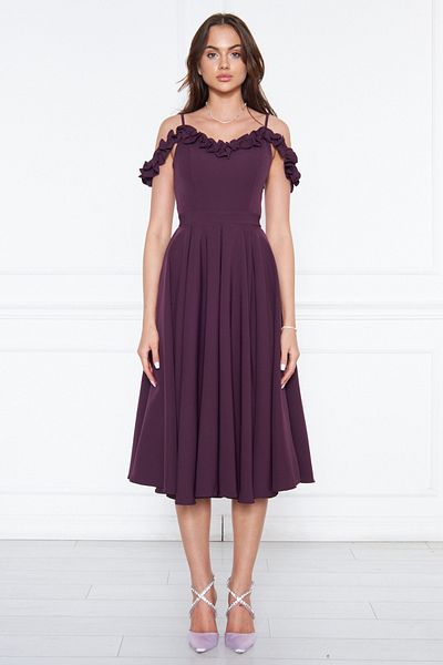 NO48 Plum Hanging Neck Ruffle Detail Off-Shoulder Woven Draped Fabric Midi Length Graduation and Evening Dress