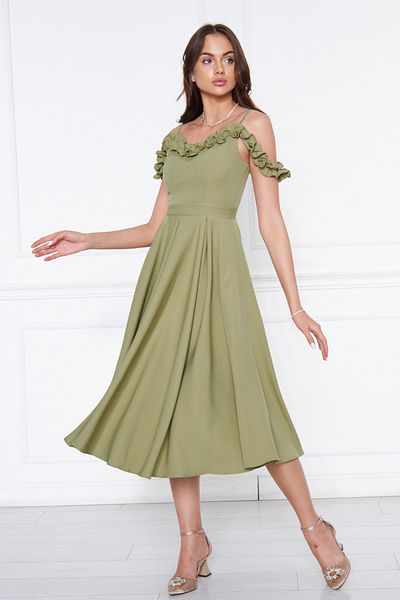NO48 Oil Green Hanging Neck Ruffle Detail Off-Shoulder Draped Fabric Midi Length Graduation and Evening Dress