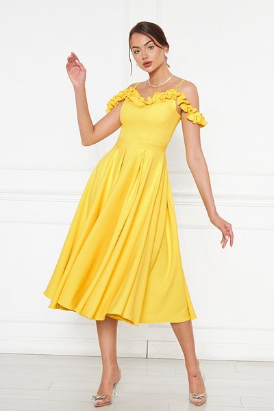 NO48 Yellow Hanging Neck Ruffle Detail Off-Shoulder Woven Draped Fabric Midi Length Graduation And Evening Dress