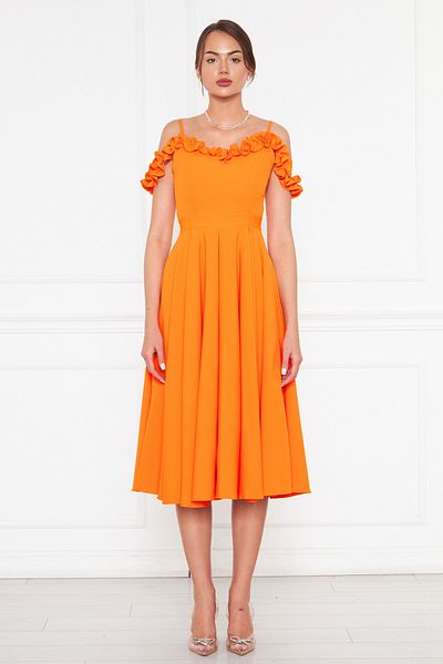 NO48 Orange Hanging Neck Ruffle Detail Off-Shoulder Woven Draped Fabric Midi Length Graduation And Evening Dress