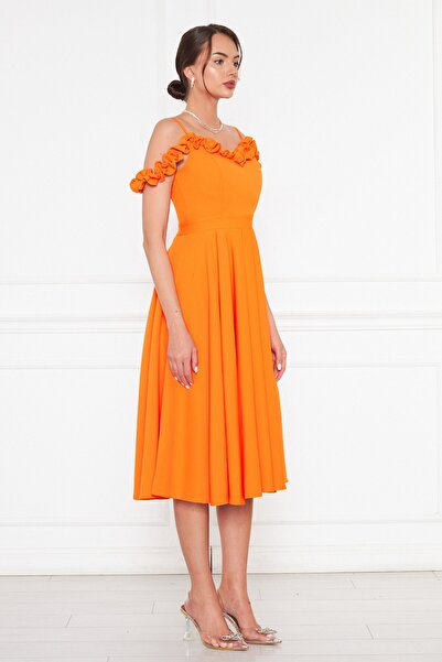 NO48 Πορτοκαλί λουράκι με βολάν με λεπτομέρεια από τον ώμο, υφαντό ύφασμα με ντραπέ, μίντι φόρεμα αποφοίτησης και βραδινό φόρεμα