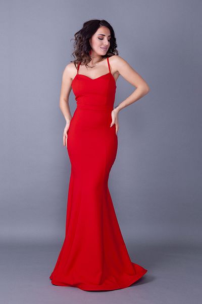 NO48 Red Strap Back Rope Tied Woven Draped Fabric Fish Collar Evening Dress