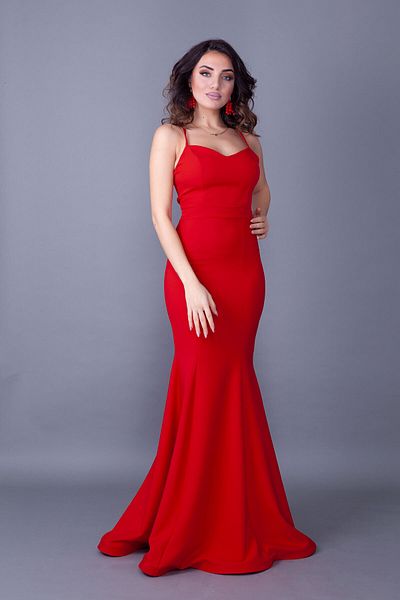 NO48 Red Strap Back Rope Tied Woven Draped Fabric Fish Collar Evening Dress