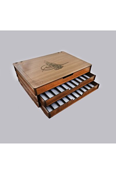 aswood Kişiye Özel İsim Yazılabilir Hediyelik 3 Katlı 30'lu Ahşap Tesbih Koleksiyon Kutusu