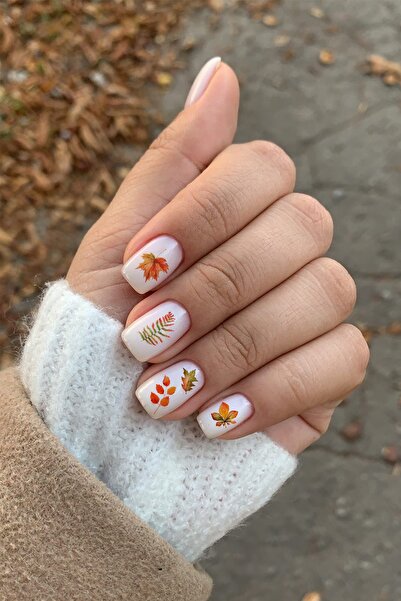 BearPear Fall Dökülen Yapraklar Sonbahar Renkli Tırnak Dövmesi Nail Art