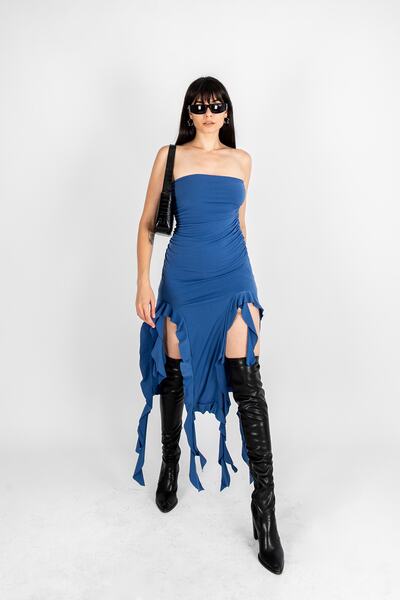 Bak Moda Fırfırlı Straplez Midi Boy Mavi Elbise