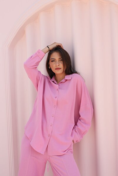Laluvia Pink Oversize Low Shoulder Linen Shirt