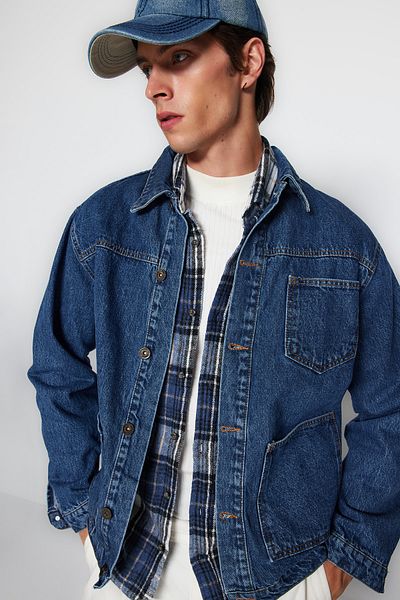 Trendyol Collection Közepes kék 100% pamut normál szabású farmer farmer dzseki TMNAW24CE00004