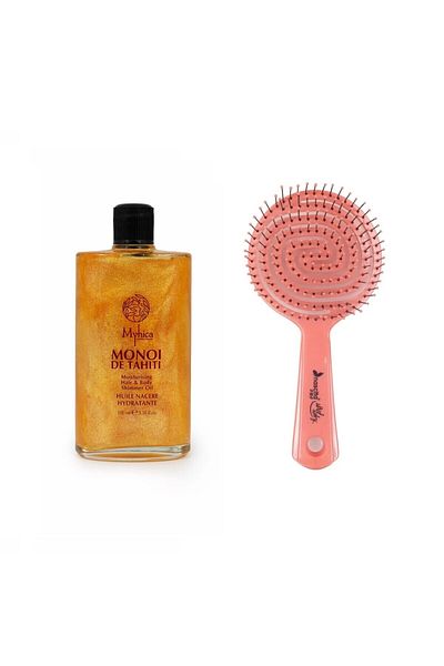 Myhica 100 ml Shimmering Hair and Body Moisturizing Oil + Pink Pro Three Dimensional Oval Hair Brush 02