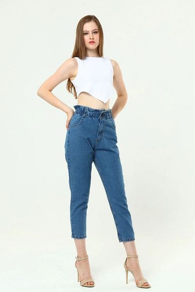 MAKRAS EXCLUSIVE Jean mom cu centură pentru femei Le Lis, cu șnur, cu talie înaltă, cu detalii elastice
