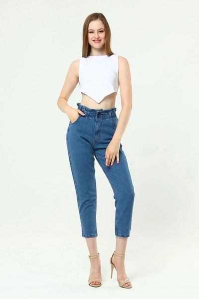 MAKRAS EXCLUSIVE Jean mom cu centură pentru femei Le Lis, cu șnur, cu talie înaltă, cu detalii elastice