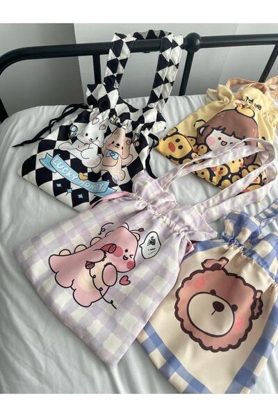 Planet Butik Cute Bear Drawstring Cloth Bag with Blue Gingham