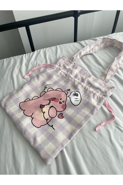 Planet Butik Kawaii Pink Dino Drawstring Cloth Bag
