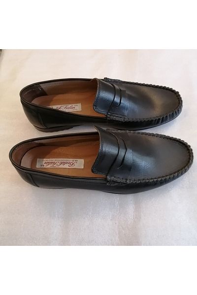 Butik Tülin Unisex genuine leather black front hand-stitched lightweight very soft non-slip serrated rubber flat sole loafer