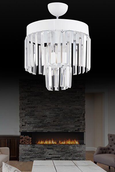 Genel Markalar Paris 3'Lü 2 Katlı Beyaz 30'Luk Kristal Taşlı Modern Avize