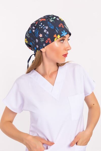 Nur Medikal Giyim Unisex Lale Desenli Doktor Cerrahi Bone Hemşire Ameliyat Saç Bonesi